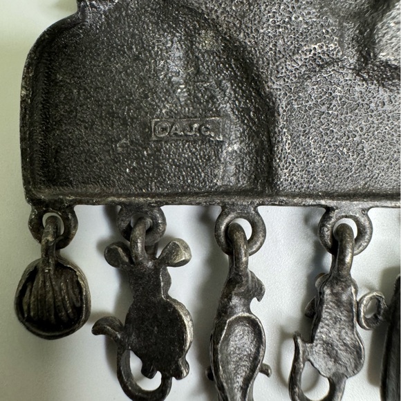 AJC Gothic Cat Brooch with Charms Farming Couple Silver Pewter Pin Vintage - Picture 6 of 10